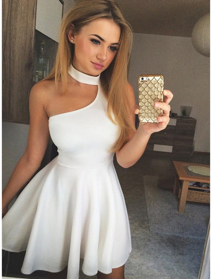 A-Line Elegant Vintage Party Wear Cocktail Party Dress Off Shoulder Short Sleeve Knee Length Spandex with Sleek