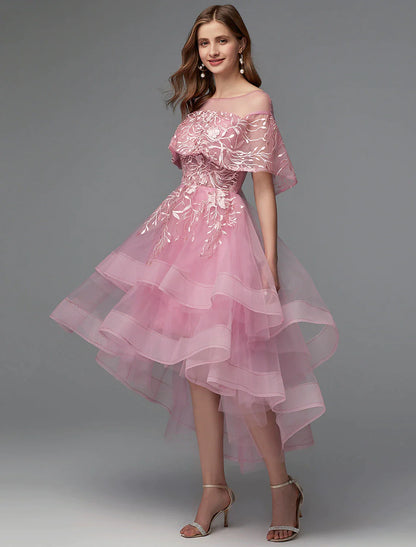 A-Line Elegant Dress Asymmetrical Sleeveless Neck Lace Tie Back with Lace