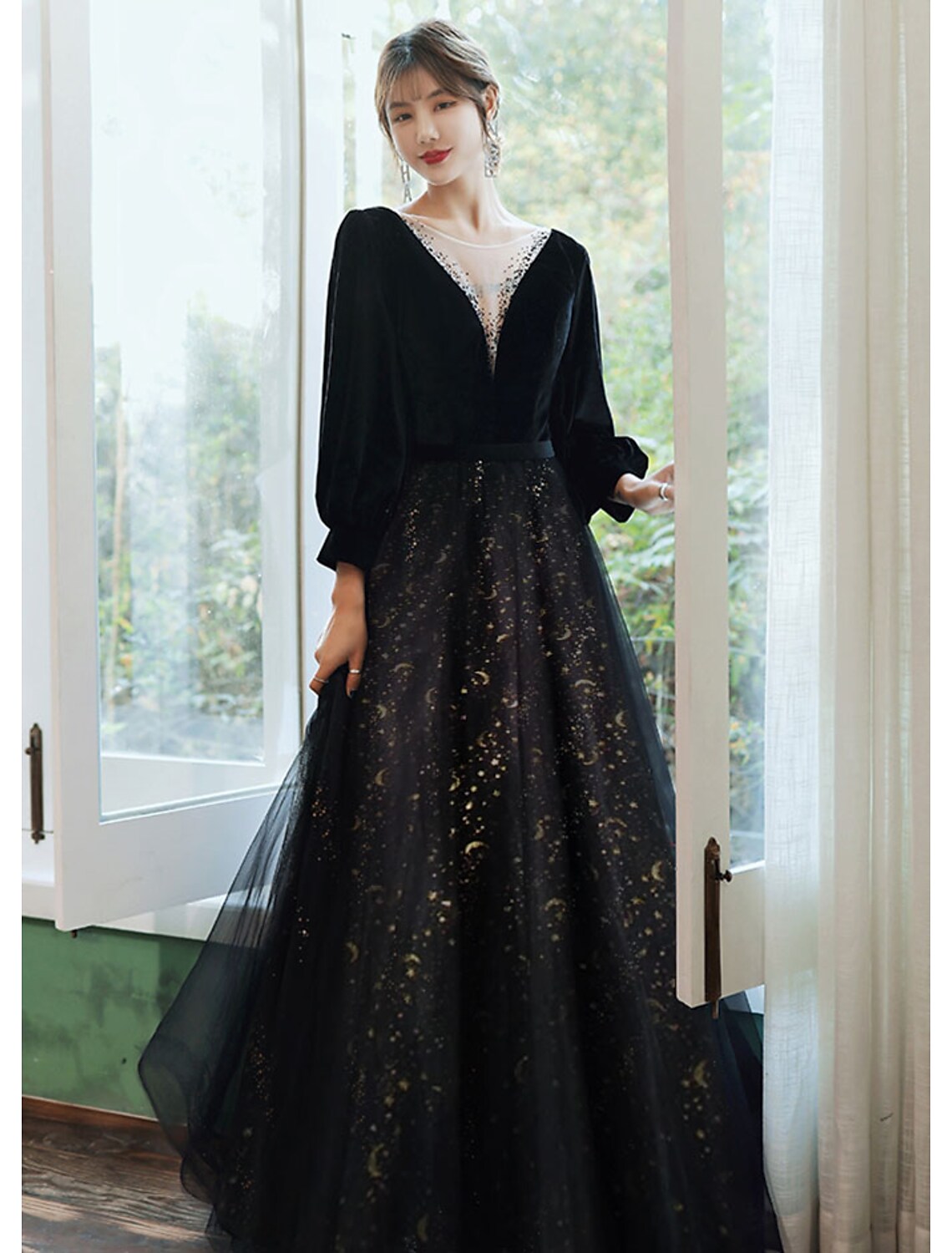 A-Line Evening Gown Dress Wedding Floor Length Long Sleeve V Neck Satin with Crystals Sequin