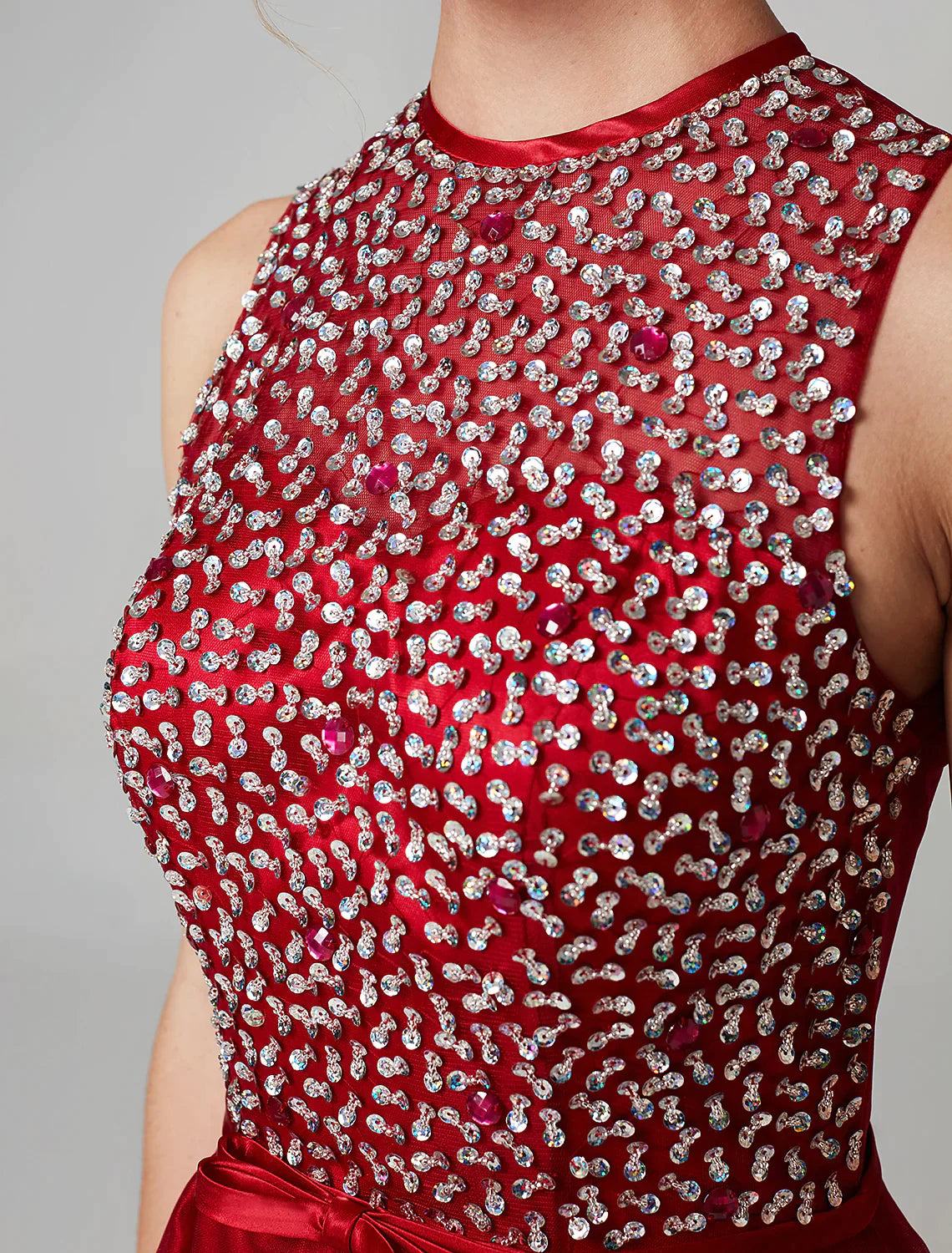 A-Linien-Kleid für Hochzeiten, asymmetrisch, ärmellos, Satin, mit Schleife(n), Pailletten