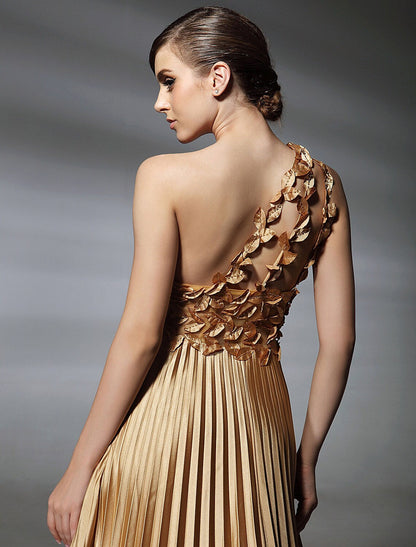 Dress Formal Evening Sleeveless One Shoulder Stretch Satin with Pleats Beading