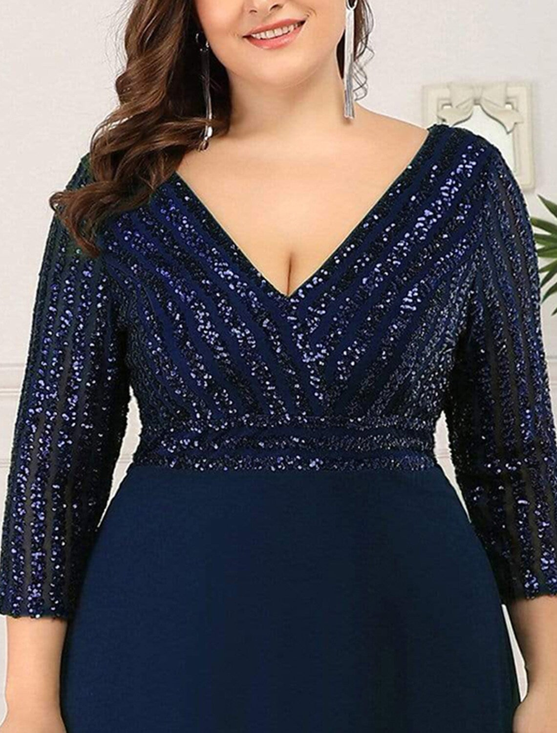 Vestido de noche de corte A, talla grande, para invitada de boda, largo hasta el suelo, manga, cuello en V, gasa, espalda en V con lentejuelas
