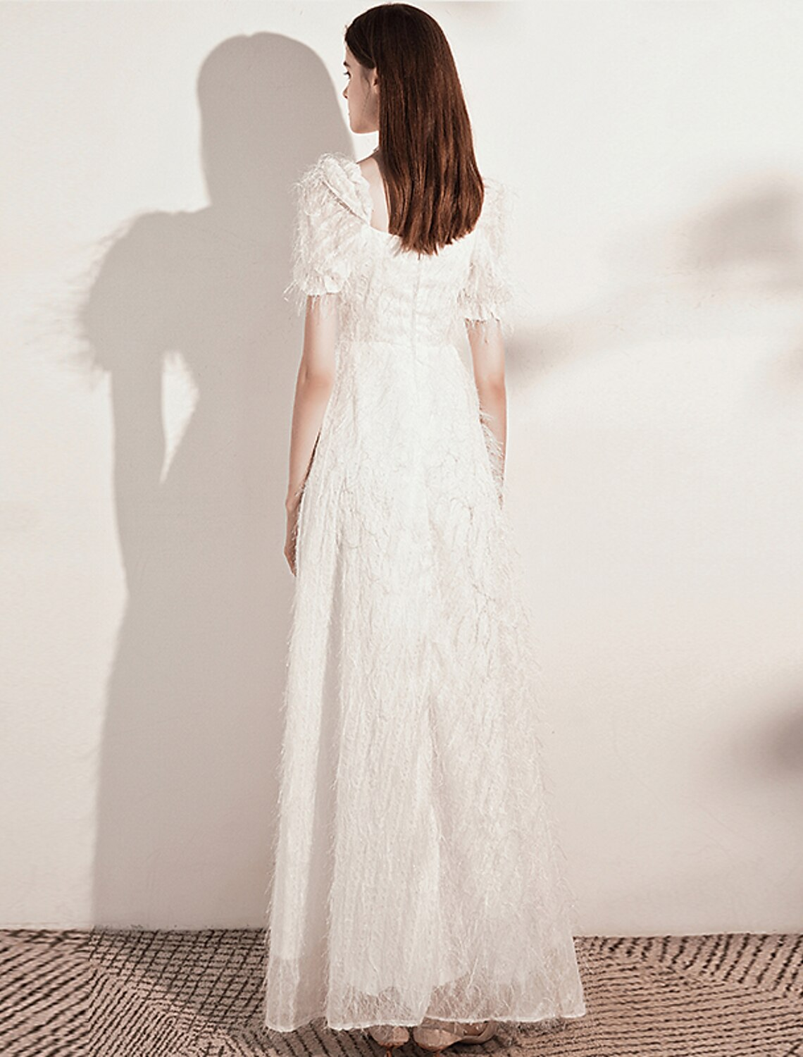 A-Line Evening Gown Dress Wedding Guest Floor Length Short Sleeve Scoop Neck Tulle with Buttons