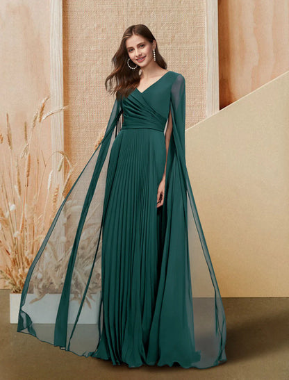 Vestido de noche de corte A, largo hasta el suelo, manga larga, escote en V, de gasa con pliegues elegantes