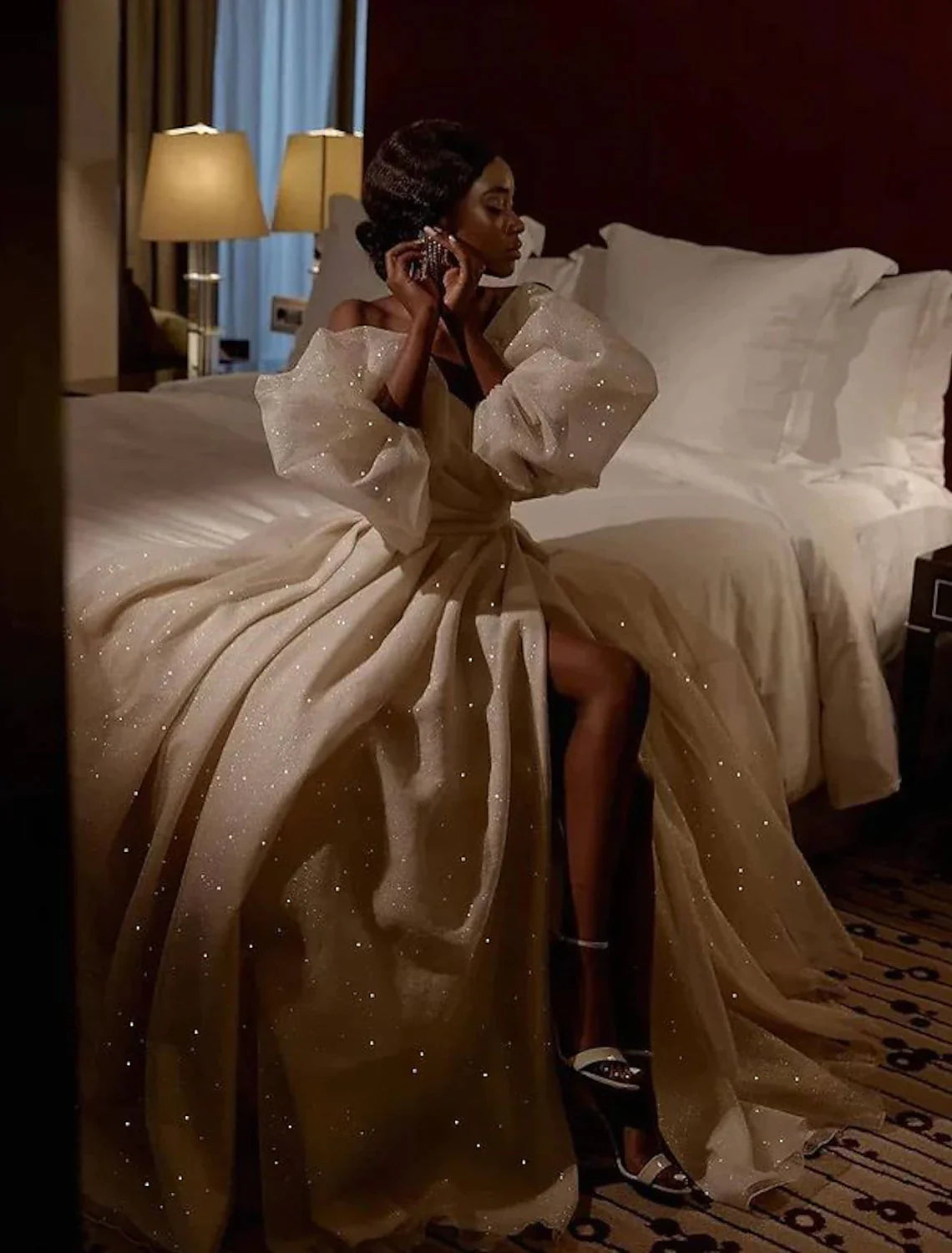 Beach Sparkle Shine Wedding Dresses  A-Line Short Sleeve Off Shoulder Tulle With Split