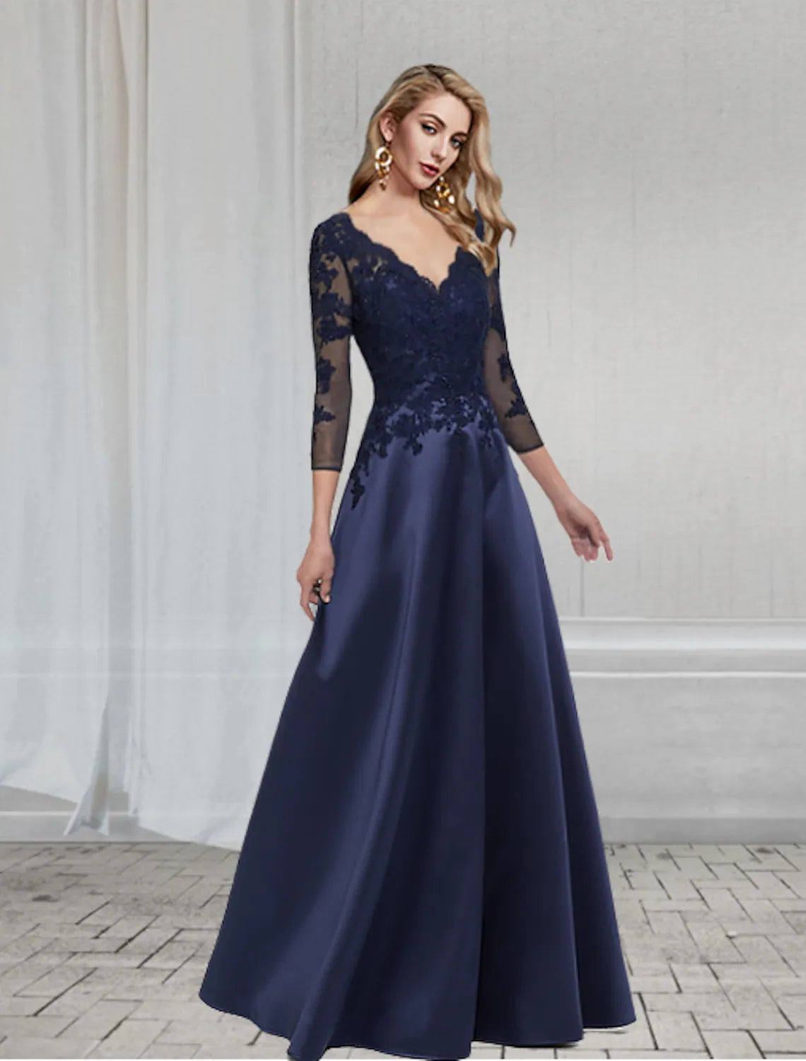 A-Line Elegant Wedding Guest Formal Evening Dress V Neck Length Sleeve Floor Length Chiffon with Appliques