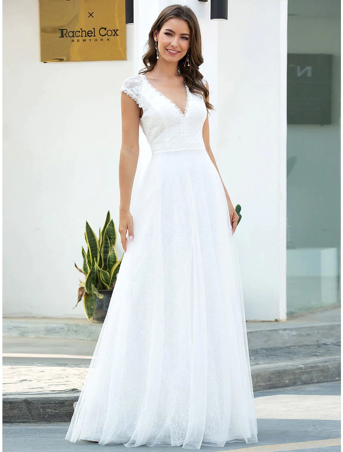 Beach Wedding Dresses Floor Length A-Line Short Sleeve V Neck Lace With Lace
