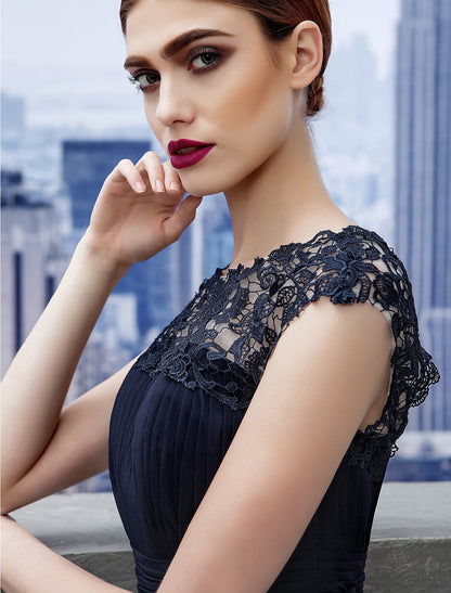 A-Line Evening Gown Dress Wedding Guest Floor Length Short Sleeve Boat Neck Chiffon with Ruched Lace