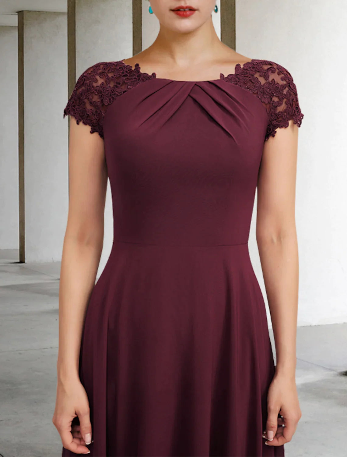 A-Line Mother of the Bride Dress Elegant Floor Length Chiffon Lace Short Sleeve Appliques Ruching