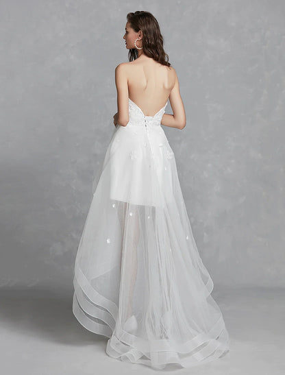 Open Back Little White Dresses Asymmetrical A-Line Strapless Lace With Appliques