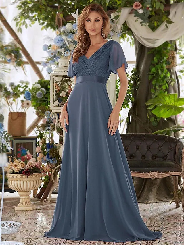 Vestido de noche de corte A, para invitada de boda, largo hasta el suelo, manga corta, escote en V, gasa, espalda en V con volantes