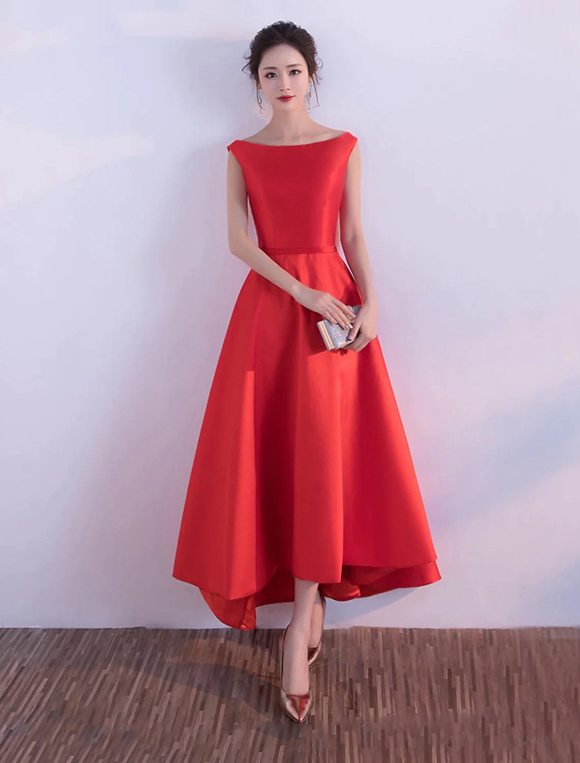 Vestido de noche de corte A, elegante vestido minimalista, para fiesta, para invitada de boda, asimétrico, sin mangas, de satén con corte elegante.