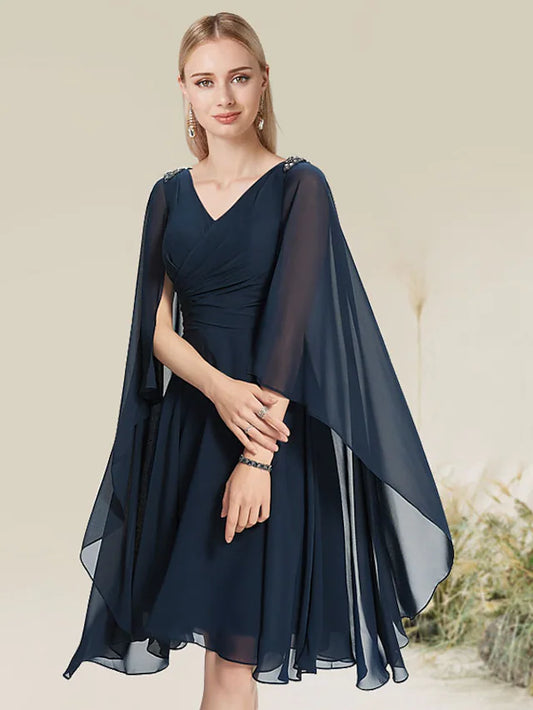 A-Linie Cocktailkleider Partykleid Hochzeit Knielang Kurzarm V-Ausschnitt Chiffon mit