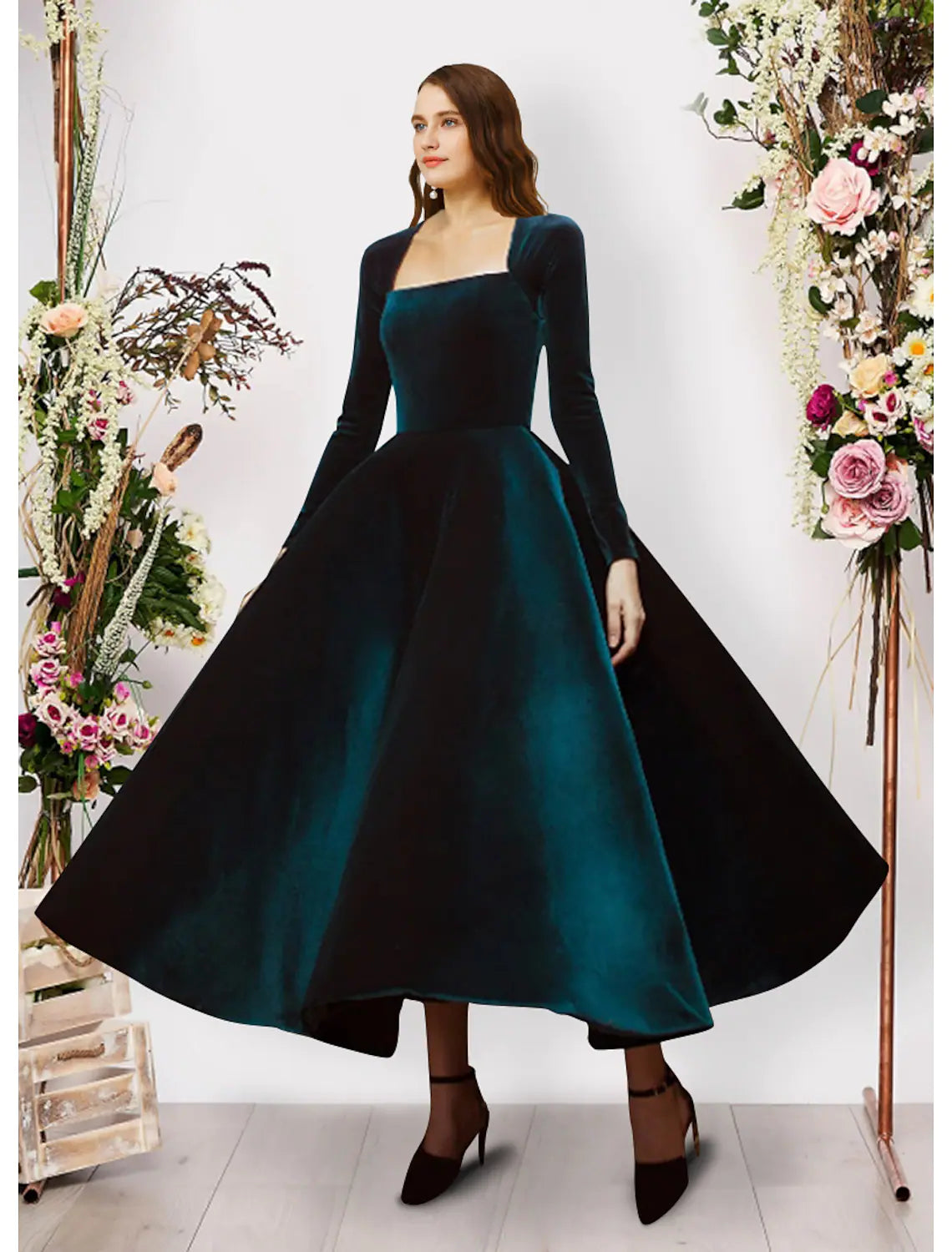 Ball Gown Evening Gown Vintage Dress Prom Ankle Length Long Sleeve Square Neck Velvet