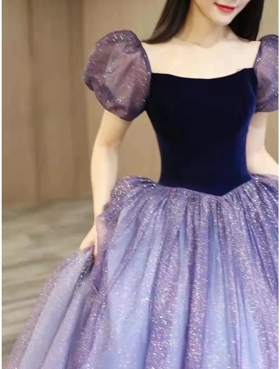 Vestidos de compromiso hasta el suelo, manga corta, escote cuadrado, tul con empalme de lentejuelas