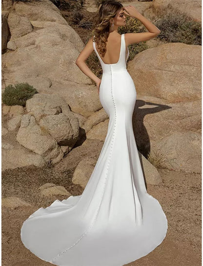 Beach Open Back Casual Wedding Dresses Sleeveless Stretch Fabric Buttons