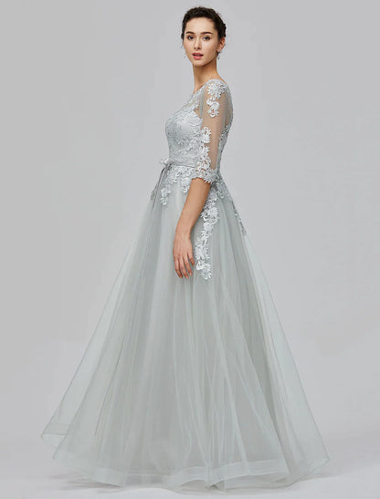 Vestido de novia de corte A, largo hasta el suelo, media manga, tul con apliques de lazo(s)