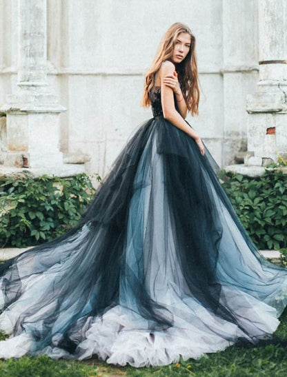 Evening Gown Color Block Dress Engagement Sleeveless V Neck Tulle V Back with Pleats Appliques