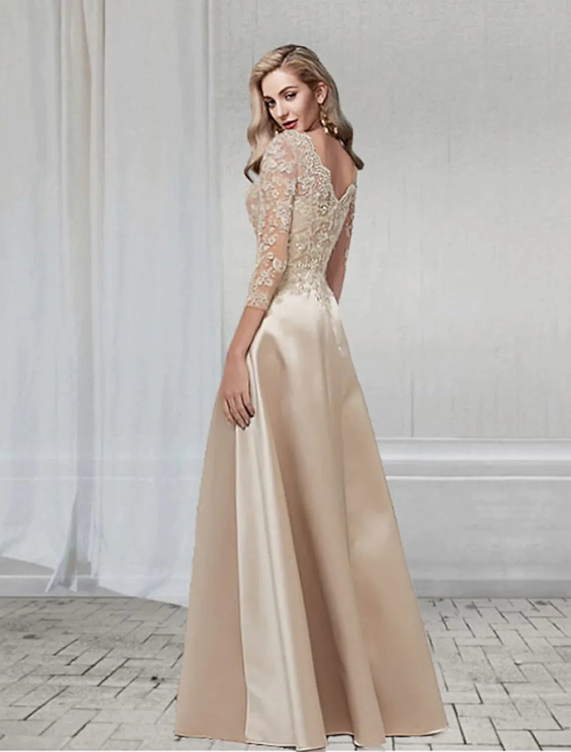 A-Line Elegant Wedding Guest Formal Evening Dress V Neck Length Sleeve Floor Length Chiffon with Appliques