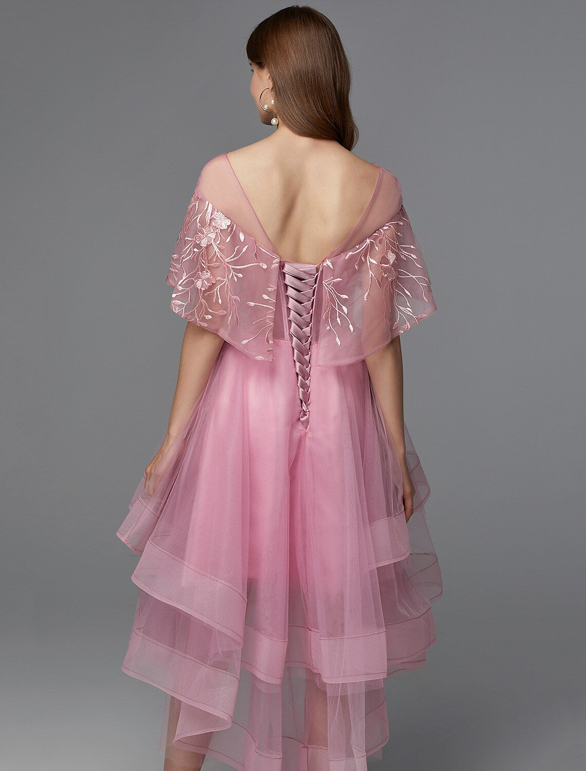 A-Line Elegant Dress Asymmetrical Sleeveless Neck Lace Tie Back with Lace