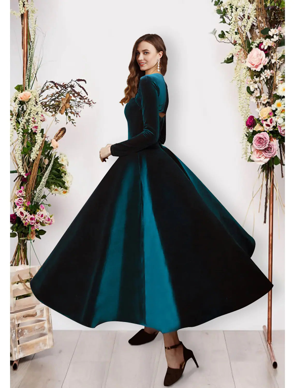 Ball Gown Evening Gown Vintage Dress Prom Ankle Length Long Sleeve Square Neck Velvet