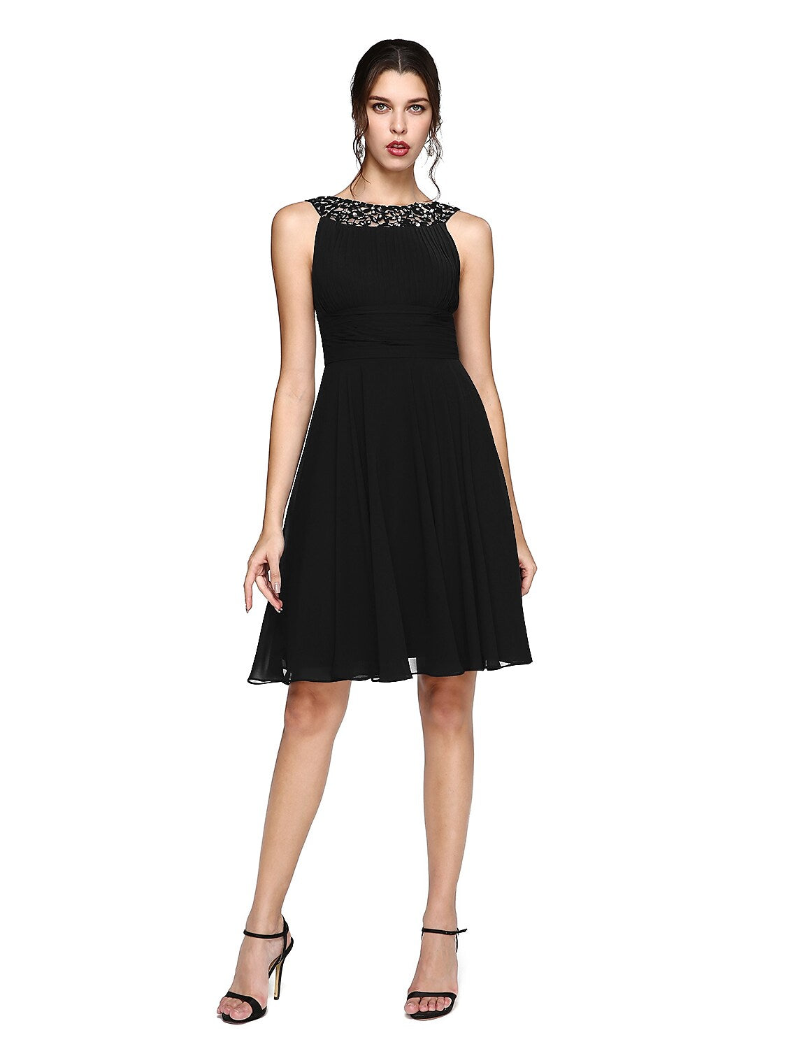 Vestido de cóctel de corte A, vestido de fiesta, boda, largo hasta la rodilla, sin mangas, de gasa con inserción de encaje de lentejuelas fruncidas