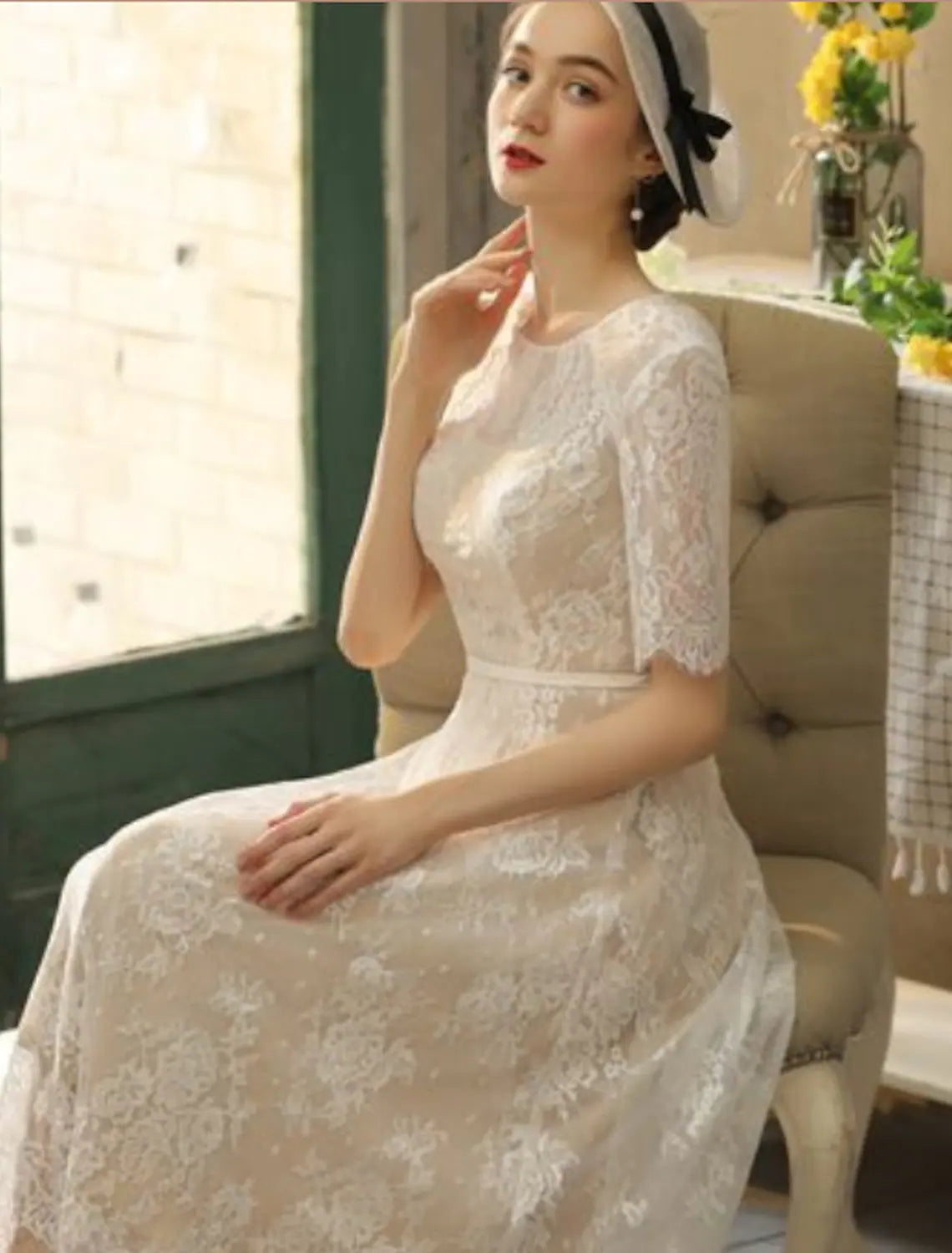 Bridal Little White Dresses Wedding Dresses A-Line Half Sleeve Lace With Sash Ribbon Appliques