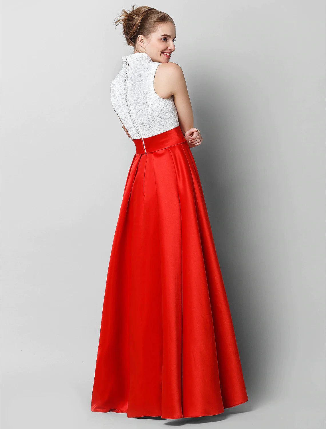 Vestido de gala formal de noche, elegante, de corte A, lujoso, con bloques de color, cuello alto, sin mangas, largo hasta el suelo, de encaje con pliegues