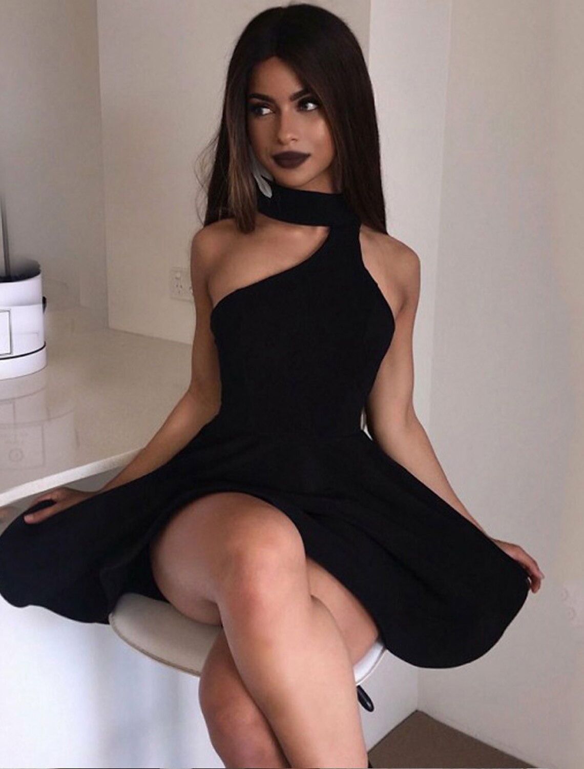 Vestido de fiesta elegante estilo vintage de corte A con hombros descubiertos, manga corta, largo hasta la rodilla, de licra, con diseño elegante