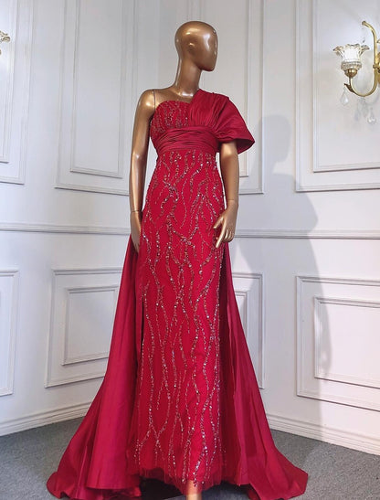 A-Line Evening Gown Luxurious Dress Formal Short Sleeve One Shoulder Charmeuse with Ruched Crystals