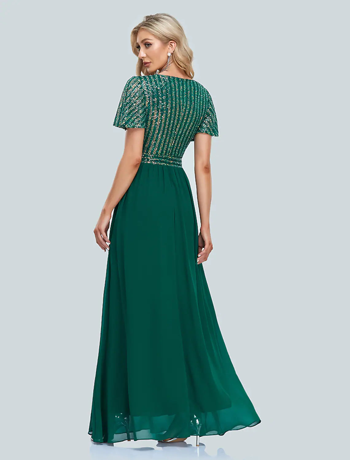 Vestido de noche elegante de corte A, largo hasta el suelo, manga corta, cuello en V y lentejuelas