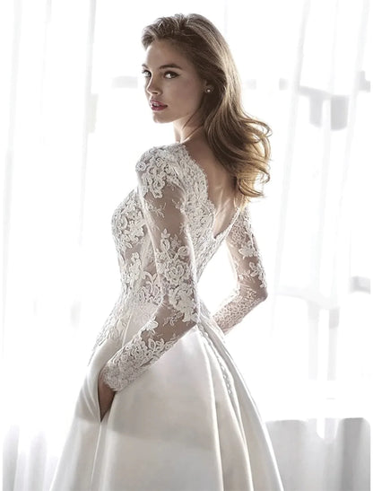 Beach Formal Wedding Dresses Chapel Train A-Line Long Sleeve With Lace Pleats
