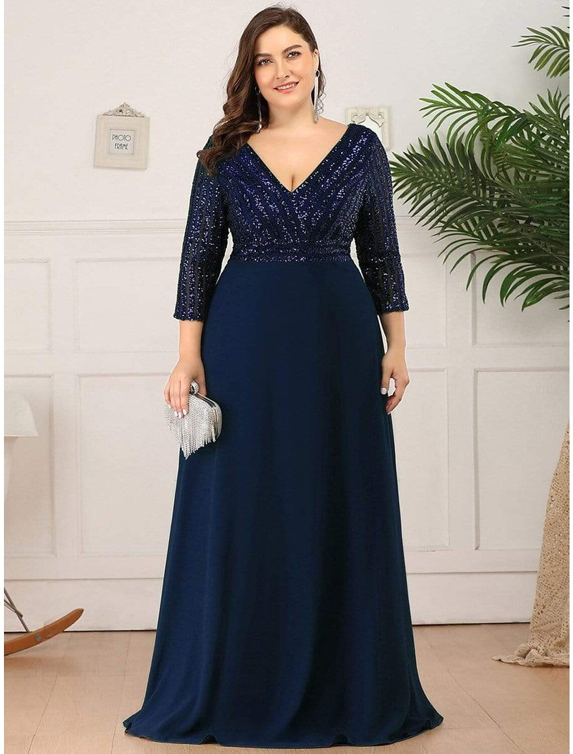 Vestido de noche de corte A, talla grande, para invitada de boda, largo hasta el suelo, manga, cuello en V, gasa, espalda en V con lentejuelas
