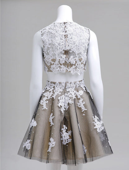 Vestido de dos piezas de talla grande para regreso a casa, corto, mini, sin mangas, con encaje sobre tul y cuentas