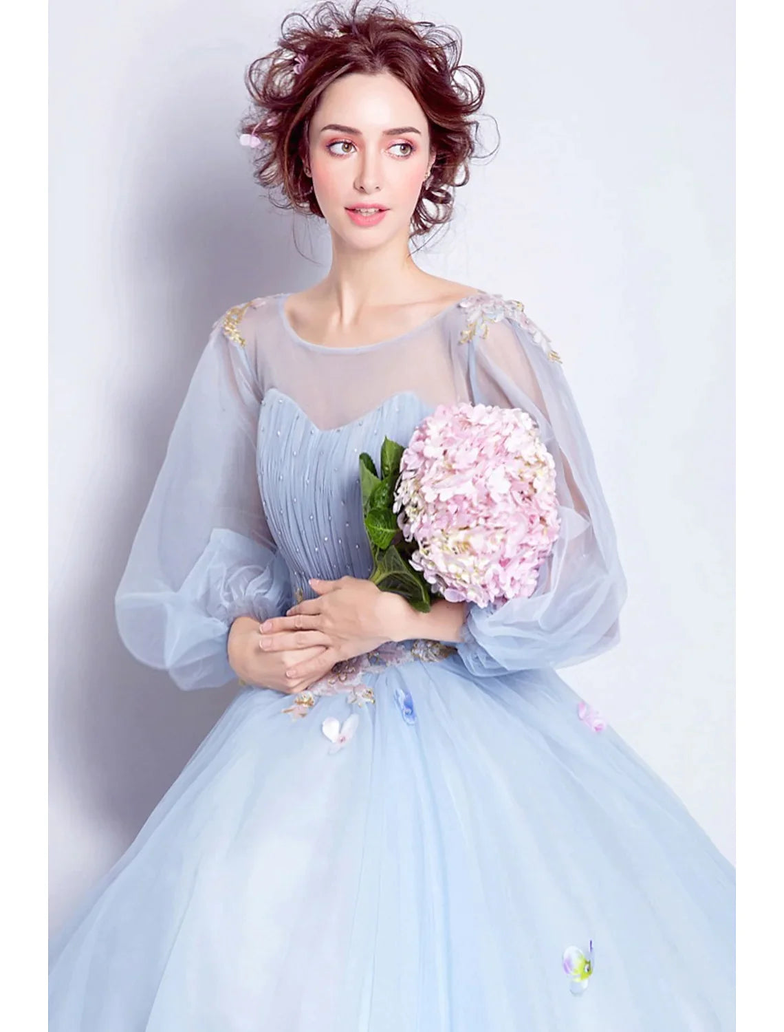 Puffy Quinceanera Engagement Dress Length Sleeve Floor Length Tulle leats