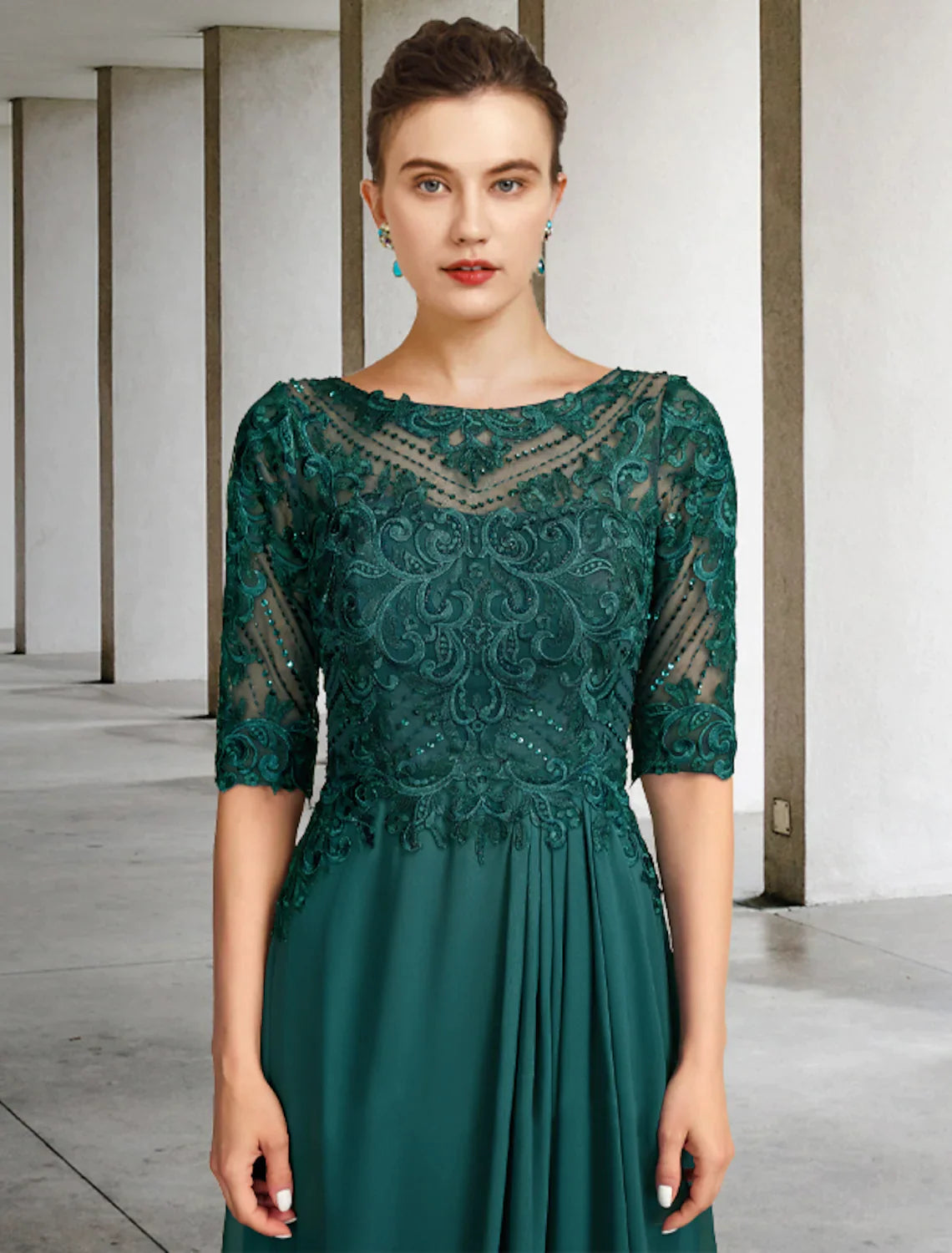 A-Line Mother of the Bride Dress Elegant Floor Length Chiffon Lace Half Sleeve Pleats Beading Appliques