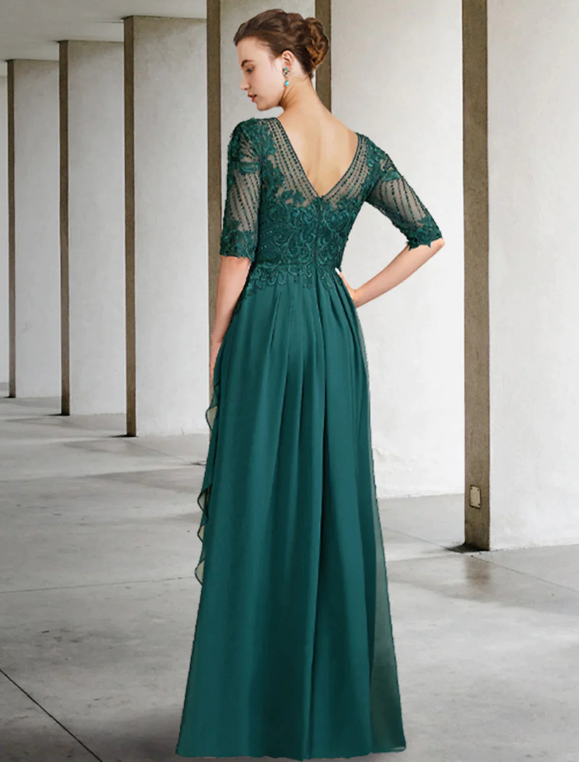 A-Line Mother of the Bride Dress Elegant Floor Length Chiffon Lace Half Sleeve Pleats Beading Appliques