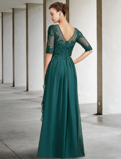 A-Line Mother of the Bride Dress Elegant Floor Length Chiffon Lace Half Sleeve Pleats Beading Appliques