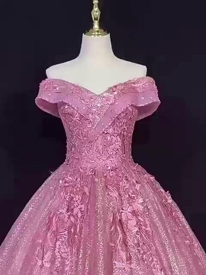 Vestido de quinceañera estilo princesa, largo hasta el suelo, sin mangas, hombros descubiertos, poliéster, con apliques