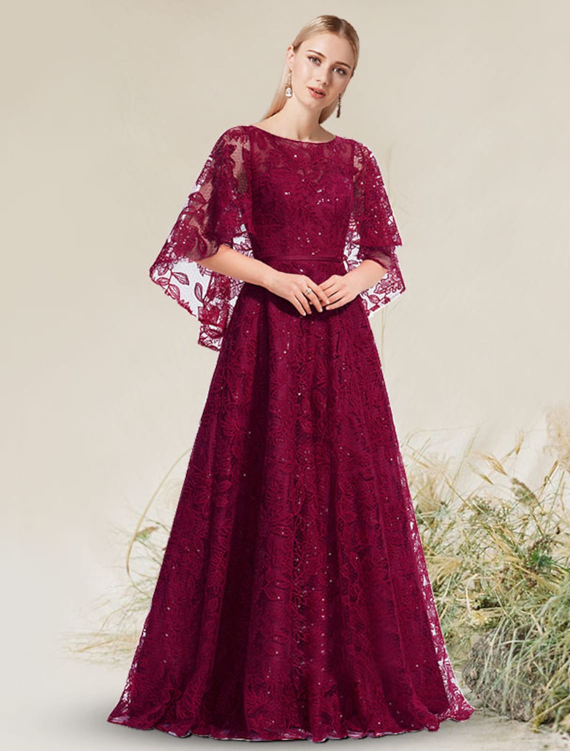 A-Line Elegant Wedding Evening Birthday Dress Short Sleeve Floor Length Lace with Appliques