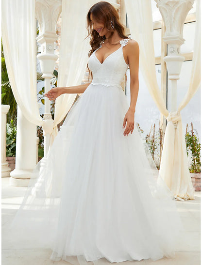Beach Open Back Casual Wedding Dresses Floor Length A-Line Sleeveless  V Neck Tulle Crystals Appliques