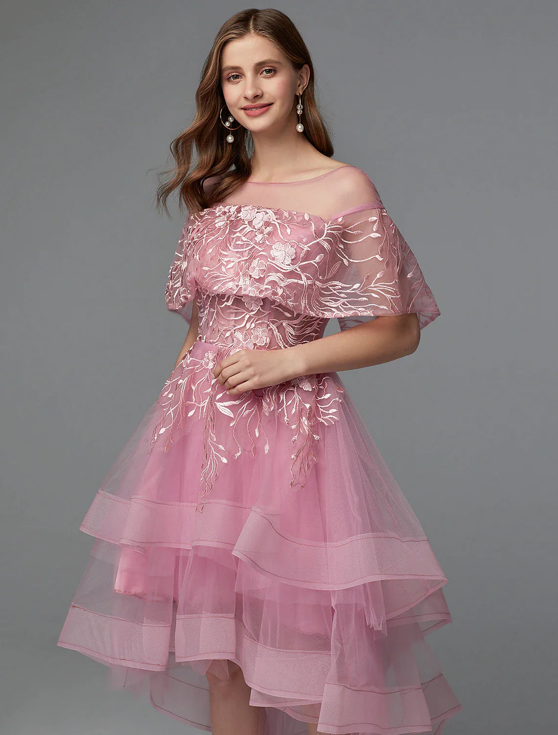 A-Line Elegant Dress Asymmetrical Sleeveless Neck Lace Tie Back with Lace