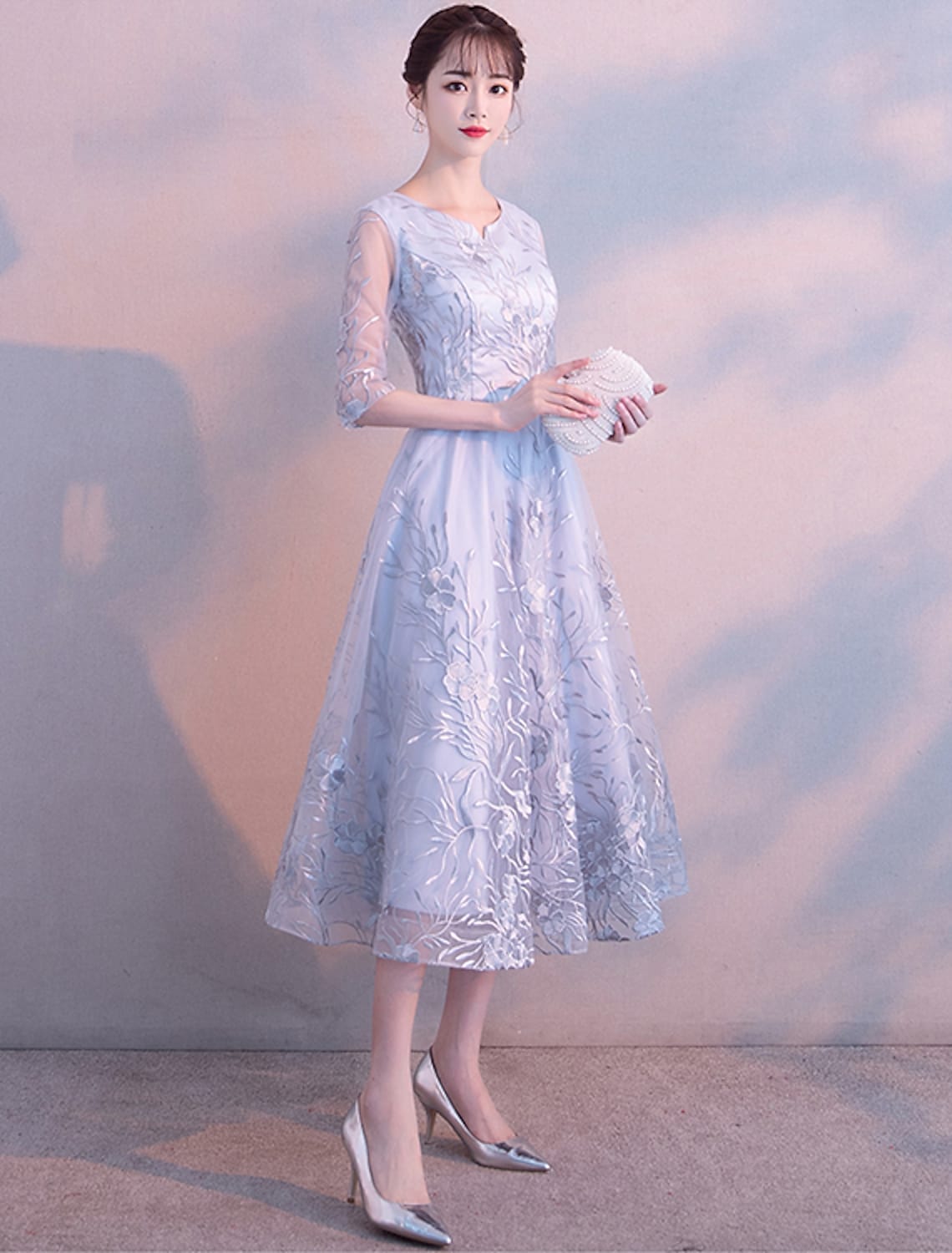 A-Line Elegant Cocktail Party Prom Dress Jewel Neck  Length Sleeve Tea Length Lace with Insert Print Appliques