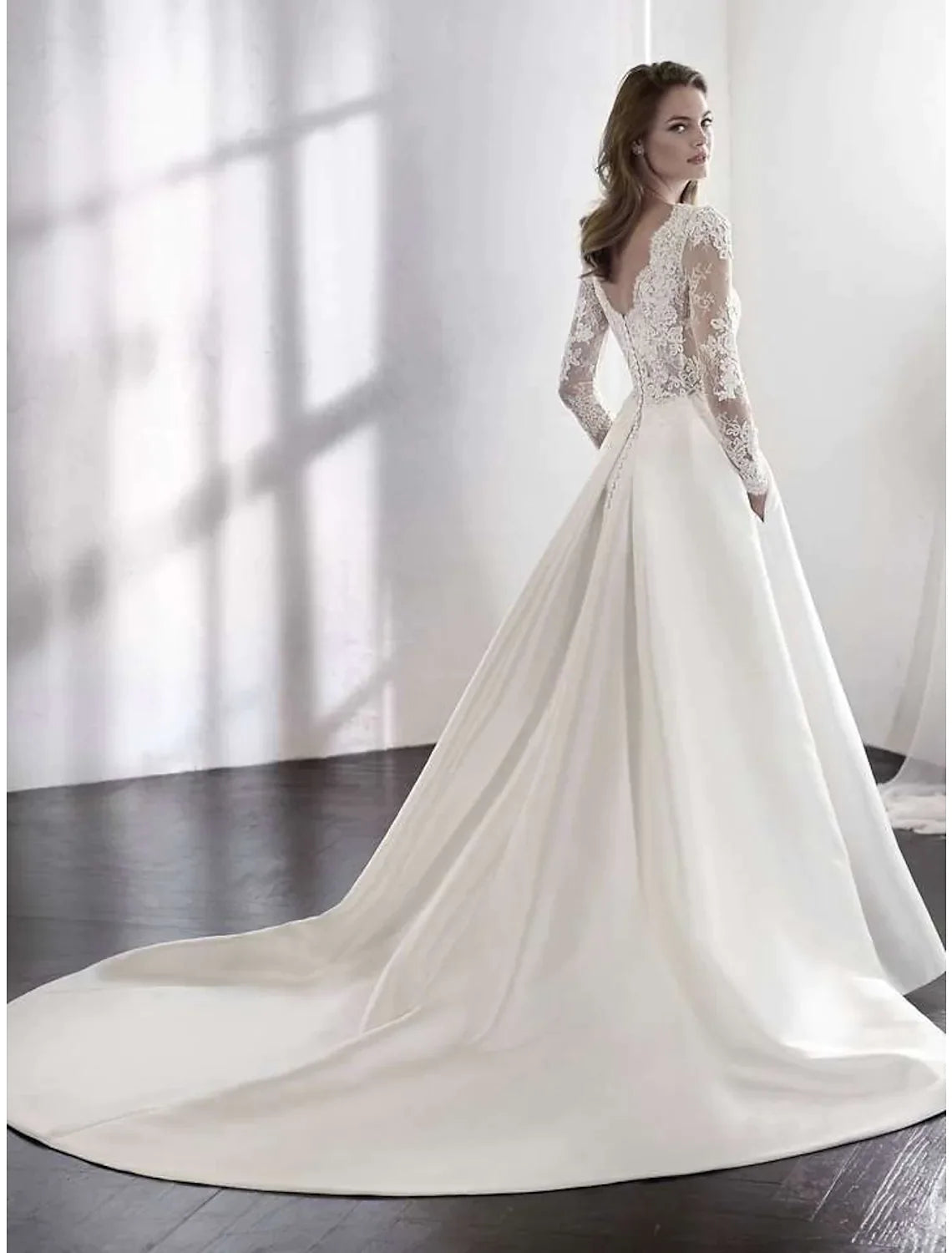 Beach Formal Wedding Dresses Chapel Train A-Line Long Sleeve With Lace Pleats