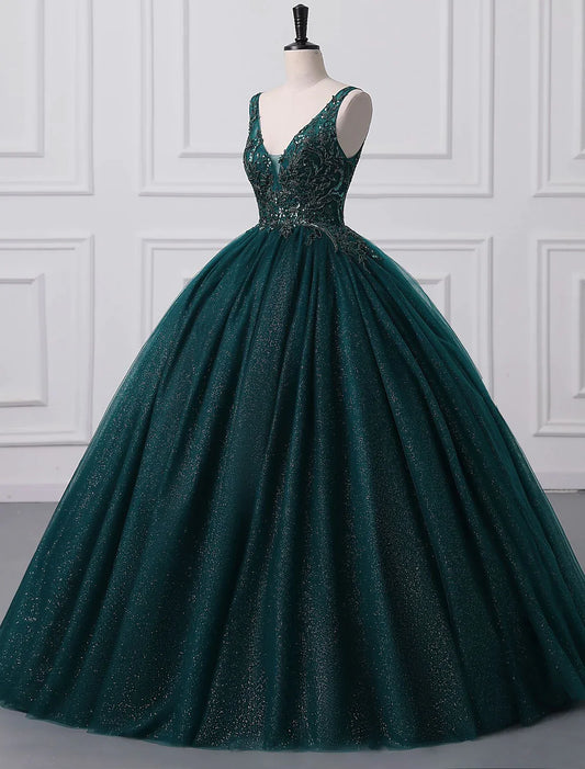 Prom Dresses Sparkle Shine Dress Quinceanera Floor Length Sleeveless V Neck Tulle with Sequin Appliques