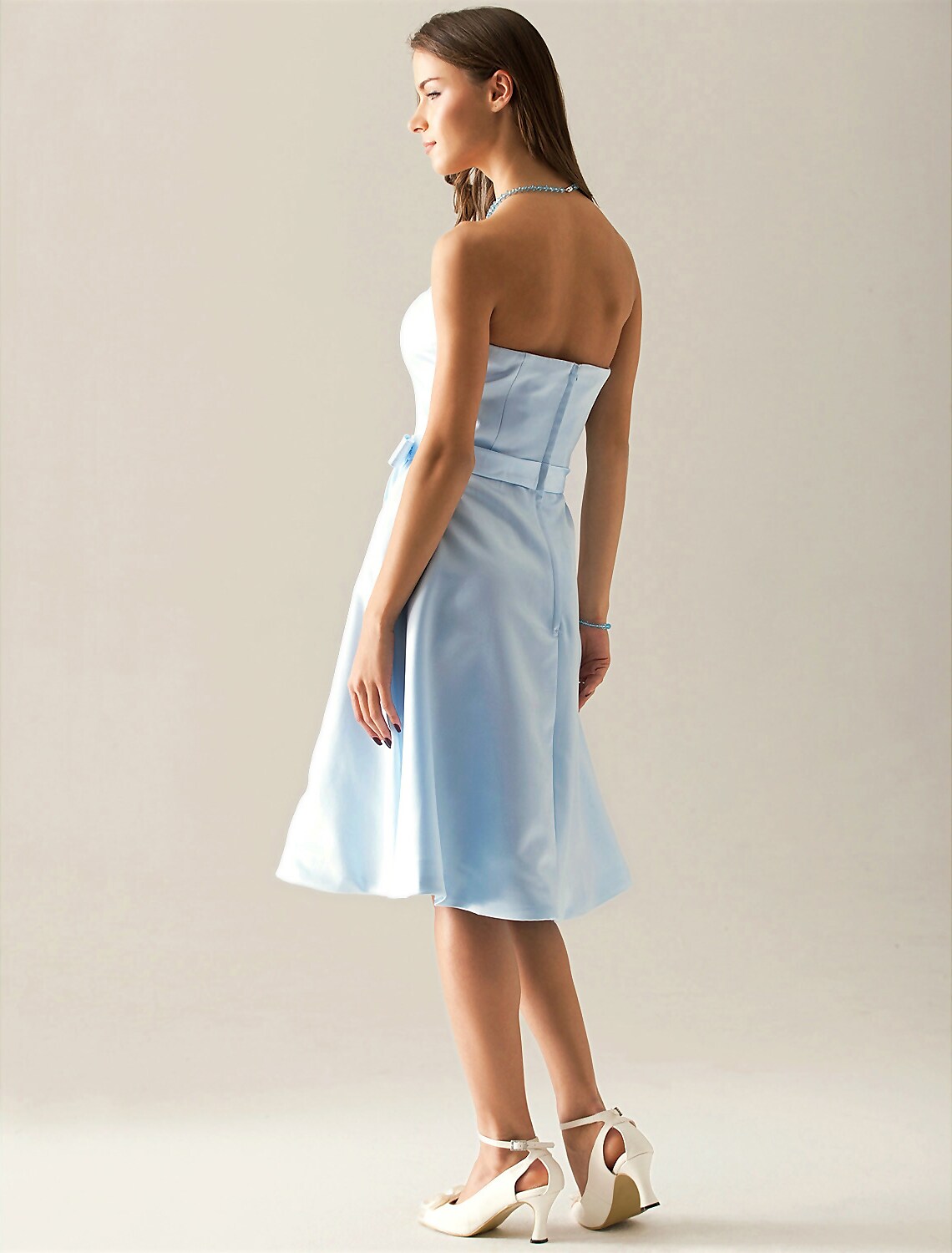 A-Line Bridesmaid Dress Strapless Sleeveless Elegant Knee Length Satin Sash Ribbon Bow