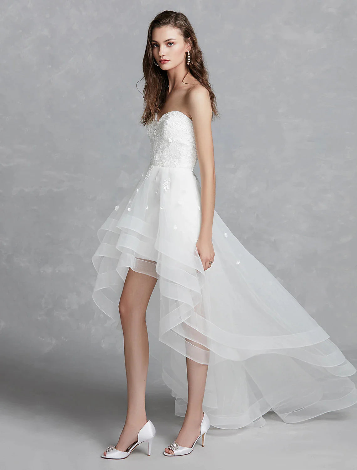 Open Back Little White Dresses Asymmetrical A-Line Strapless Lace With Appliques