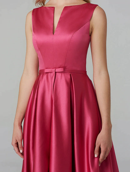 A-Line Party Dress Wedding Knee Length Sleeveless V Satin with Sash Ribbon