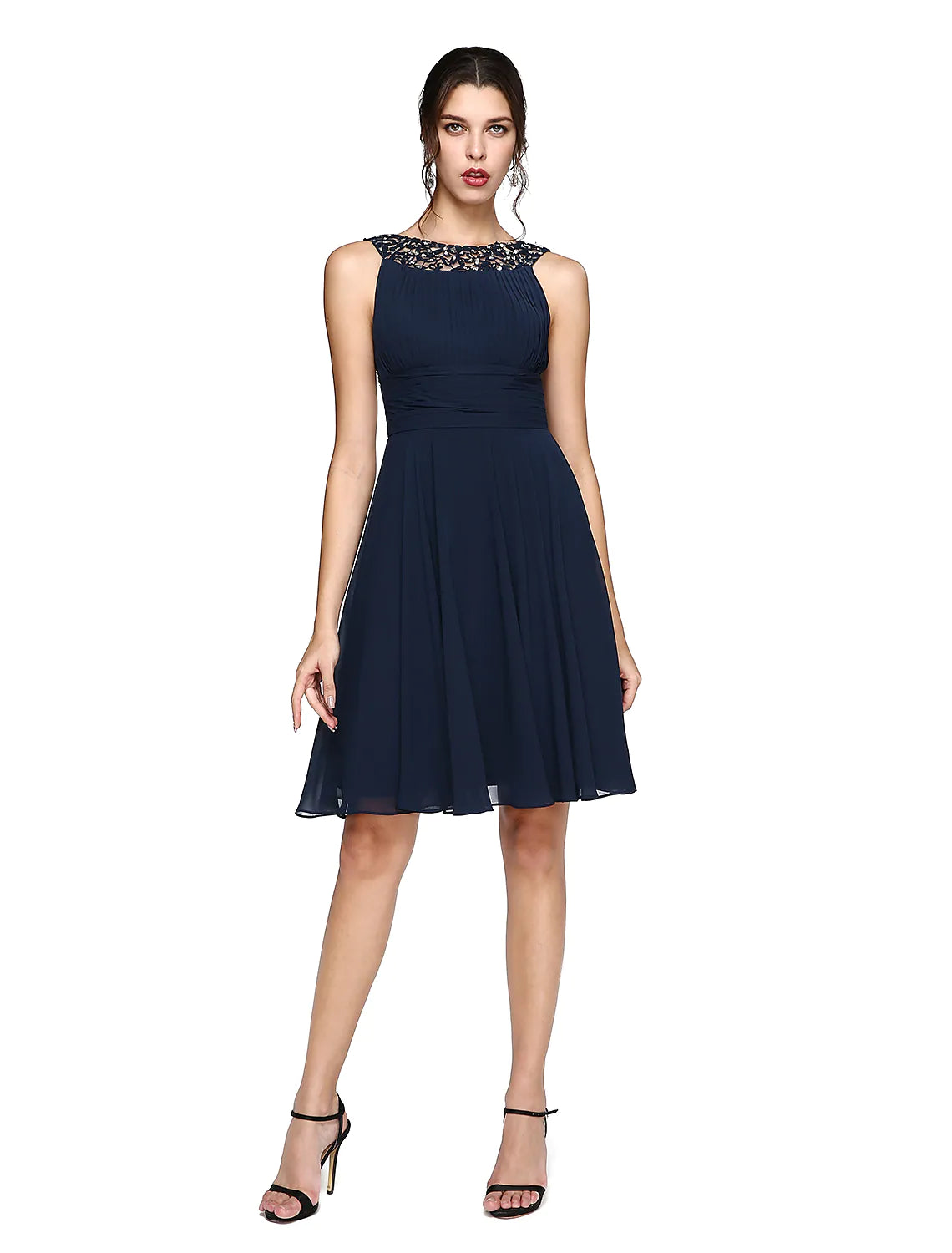 Vestido de cóctel de corte A, vestido de fiesta, boda, largo hasta la rodilla, sin mangas, de gasa con inserción de encaje de lentejuelas fruncidas