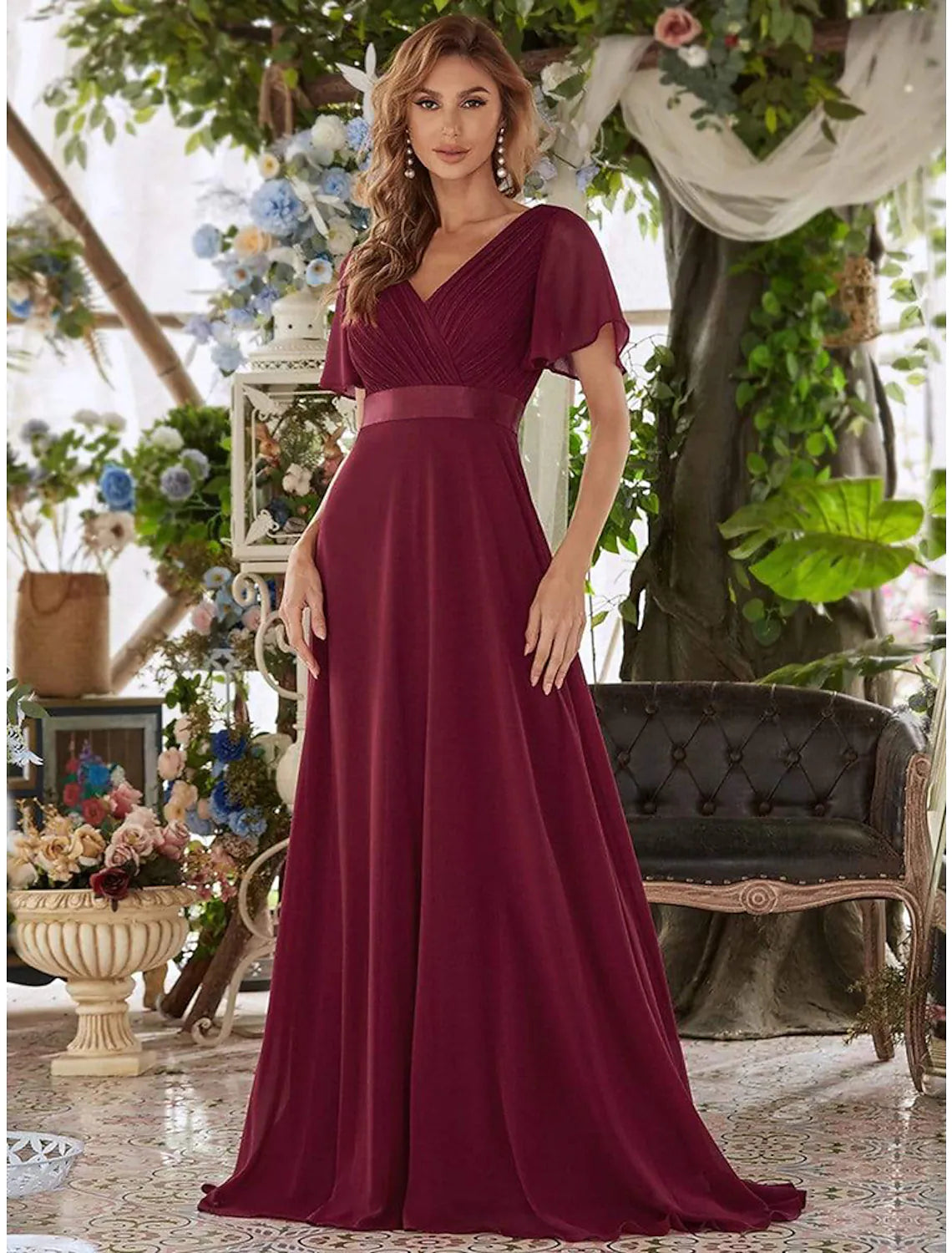 Vestido de noche de corte A, para invitada de boda, largo hasta el suelo, manga corta, escote en V, gasa, espalda en V con volantes